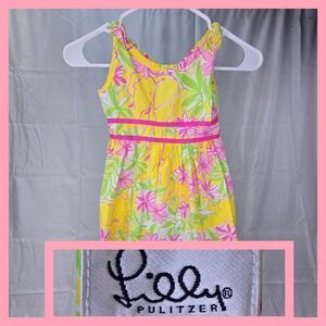 Lilly Pulitzer Dress Girl SZ 6 Garden Vista Elephant Sundress Yellow Pink Green